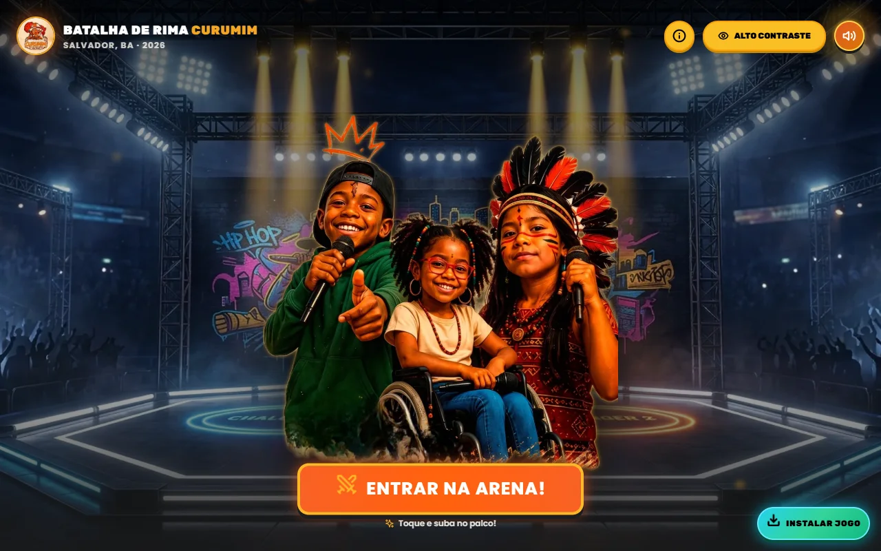 Tela inicial do jogo Batalha de Rima Curumim, com três avatares de crianças segurando microfones em uma arena de hip-hop