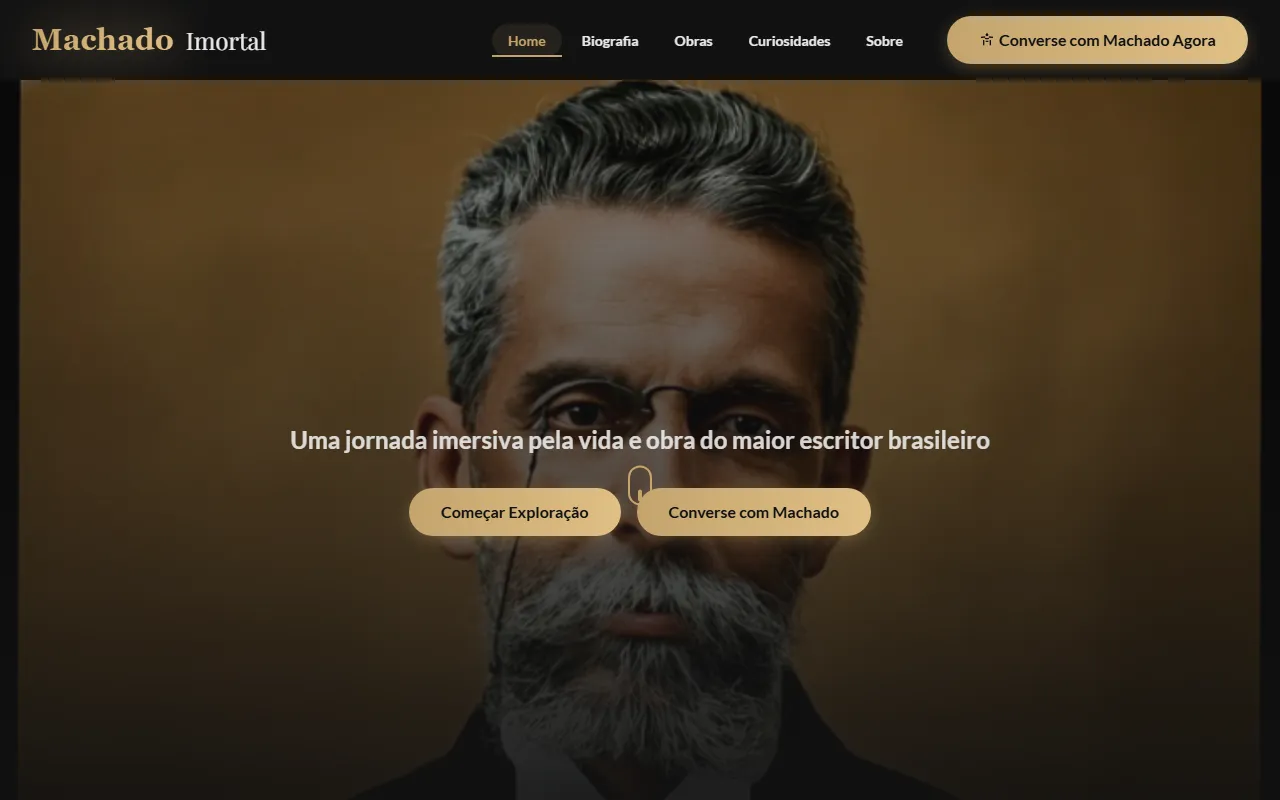 Página inicial do Machado Imortal com retrato de Machado de Assis sobre fundo dourado e preto