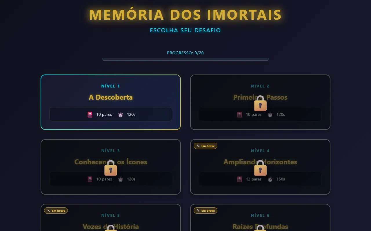 Tela do jogo Memória dos Imortais com cartas de personalidades históricas negras