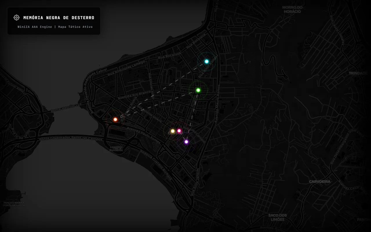 Mapa interativo escuro do centro de Florianópolis com pontos de memória coloridos do projeto Memória Negra de Desterro