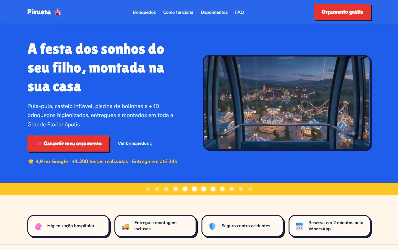 Página inicial da Pirueta Festas em azul vibrante, com roda-gigante iluminada e catálogo de brinquedos