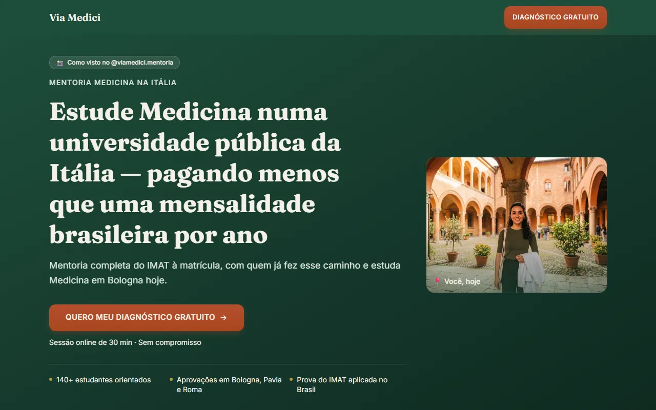 Página inicial do Via Medici em tons de verde, sobre mentoria para estudar Medicina na Itália